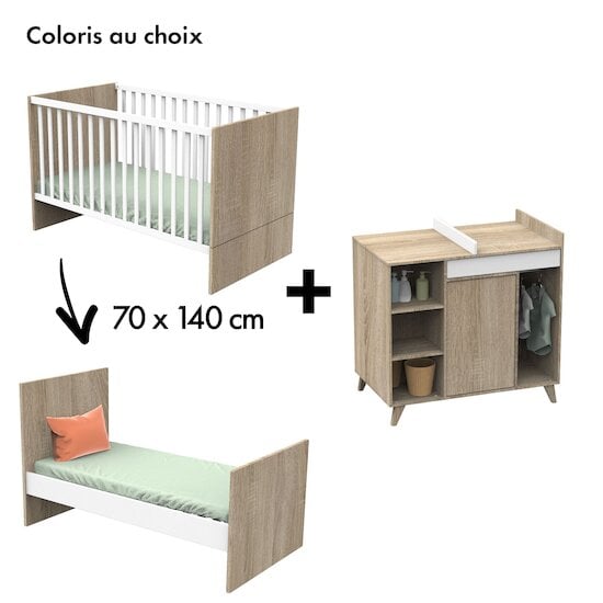 Chambre Nova Chêne : Lit bébé évolutif 70 x 140 cm + Commode