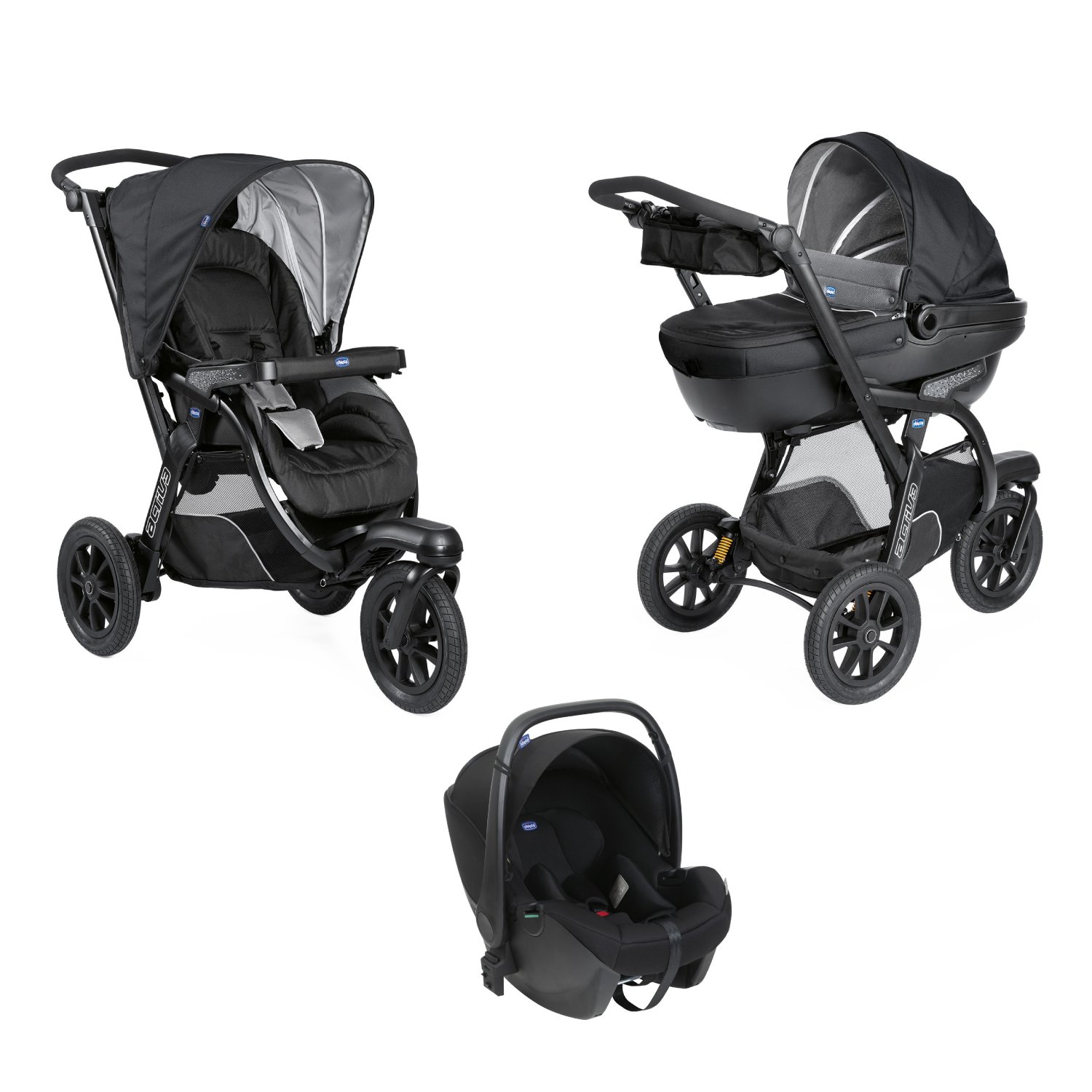 Chicco Trio Activ3 Poussette 3 en 1 avec Set de Voyage pour Voiture, Canne  Inclinable à 3 Roues, Landau/Nacelle et Siège Auto Bébé Groupe 0+, avec